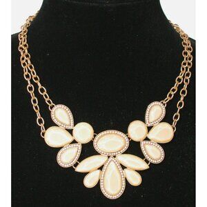 Statement Bib Necklace With Cream Teardrop & Oval Stones On Gold-Tone Chain